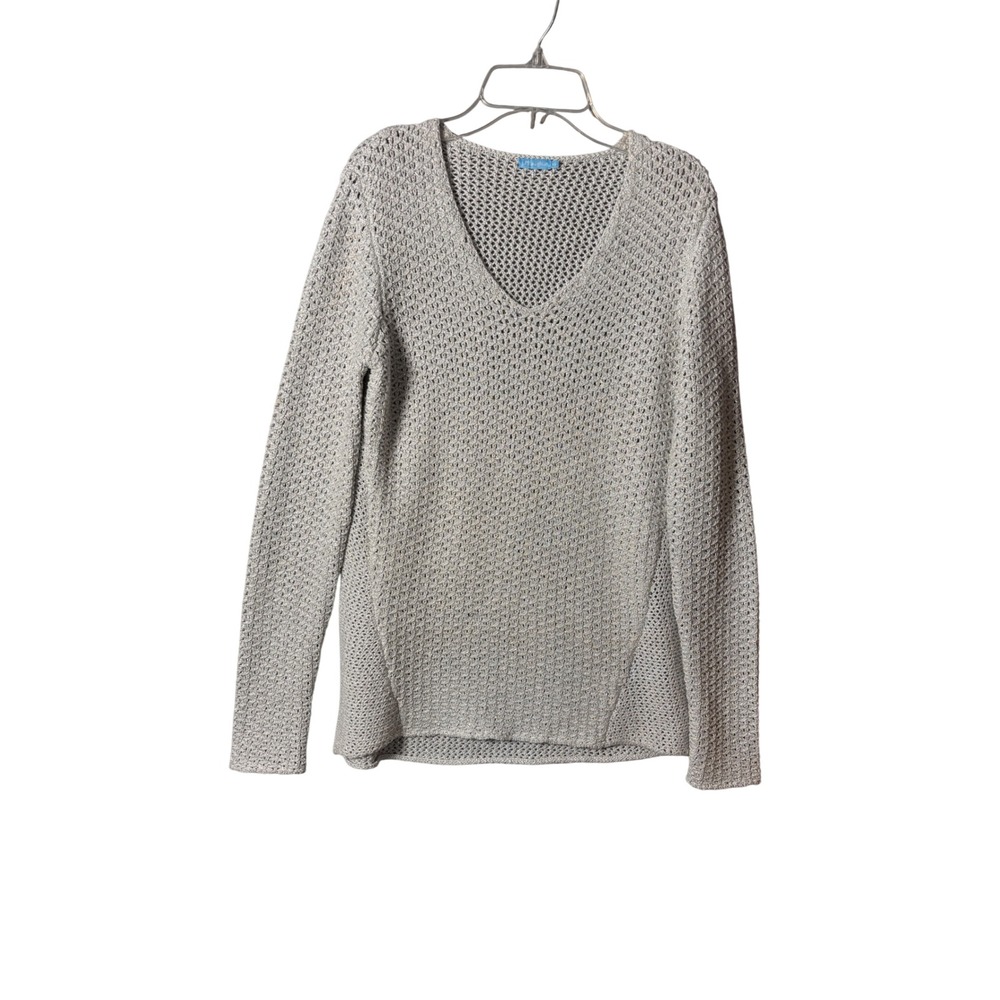 J.McLaughlin Womens Sweater XS Silver Metallic Crochet V-Neck Coastal Chic
